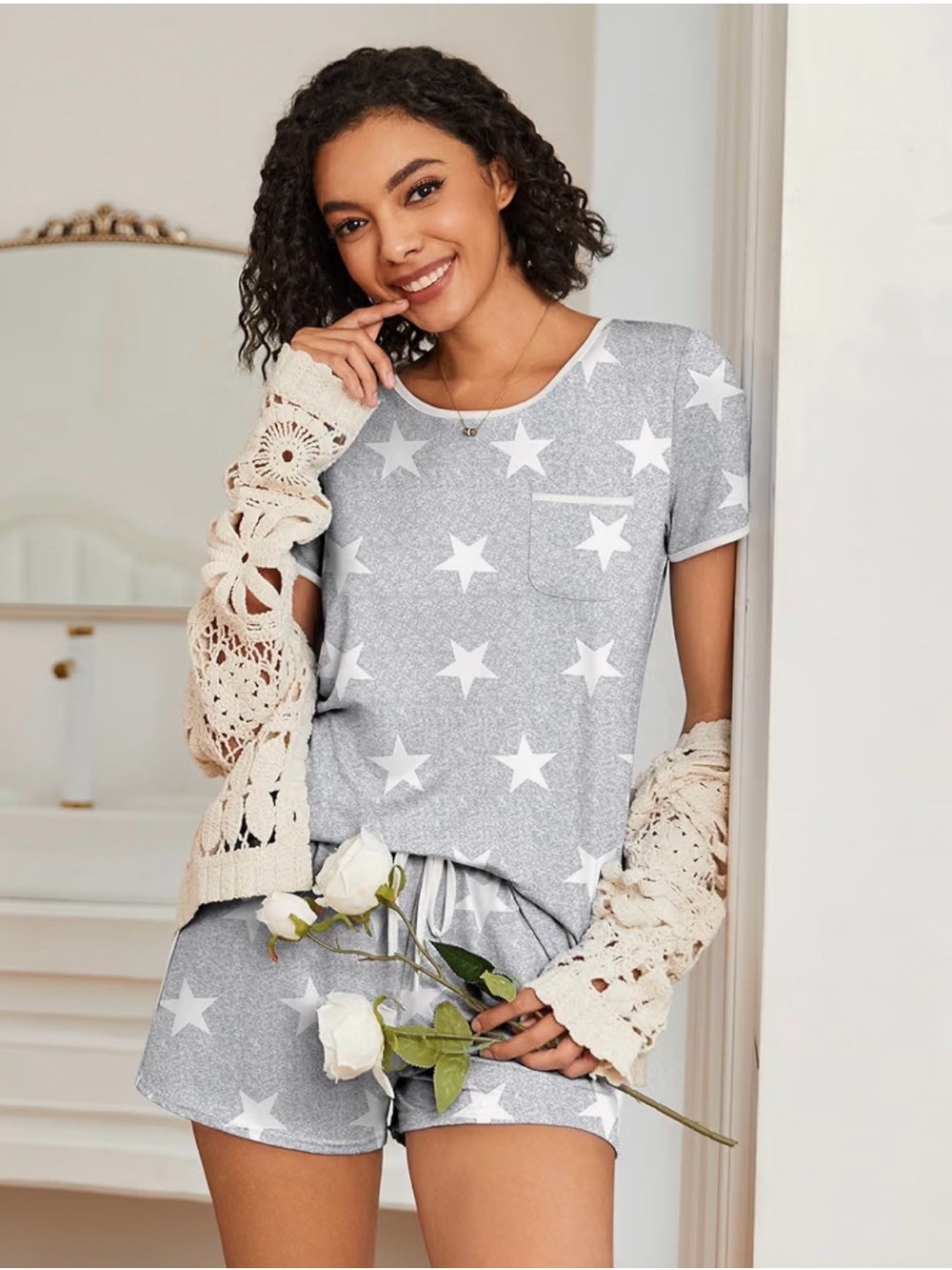 NWT Women's Star Print Short Pajama Set XL Gray White Short Sleeve